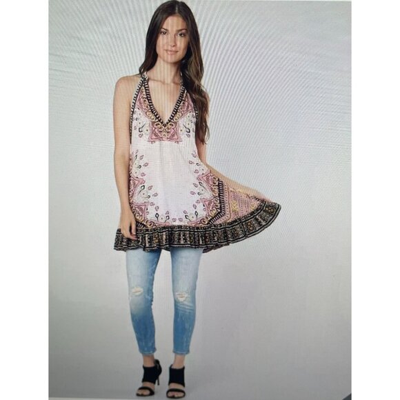 Free People Women’s L Tunic Top Mini Dress Steal The Sun Print Light Pink Boho - Picture 2 of 15